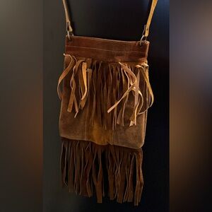 Vintage 1970s Brown Suede Leather Fringe Crossbody Bag